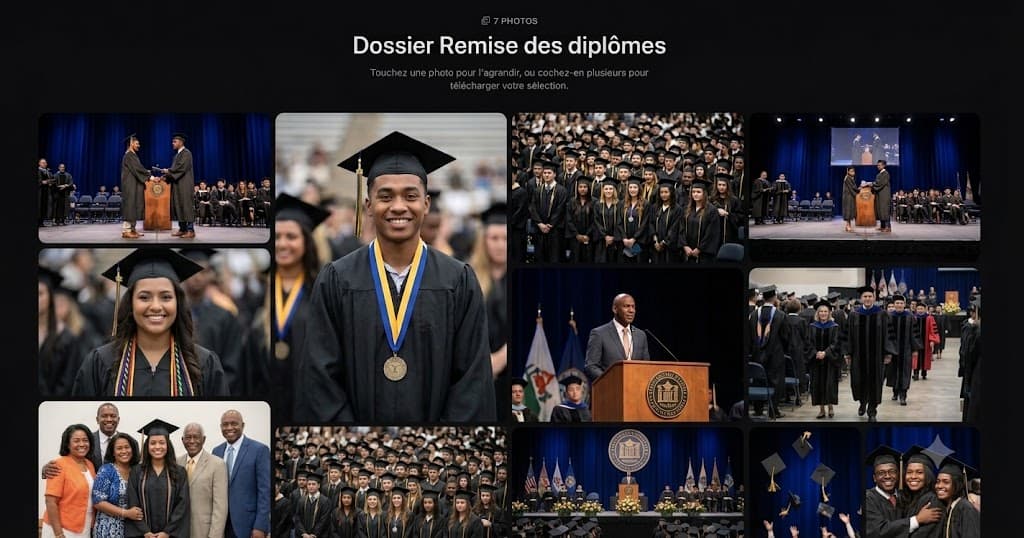 Galerie client Maka-Share : le dossier « Remise des diplômes » affiche ses 7 photos en mosaïque, prêtes à être agrandies ou sélectionnées pour téléchargement.
